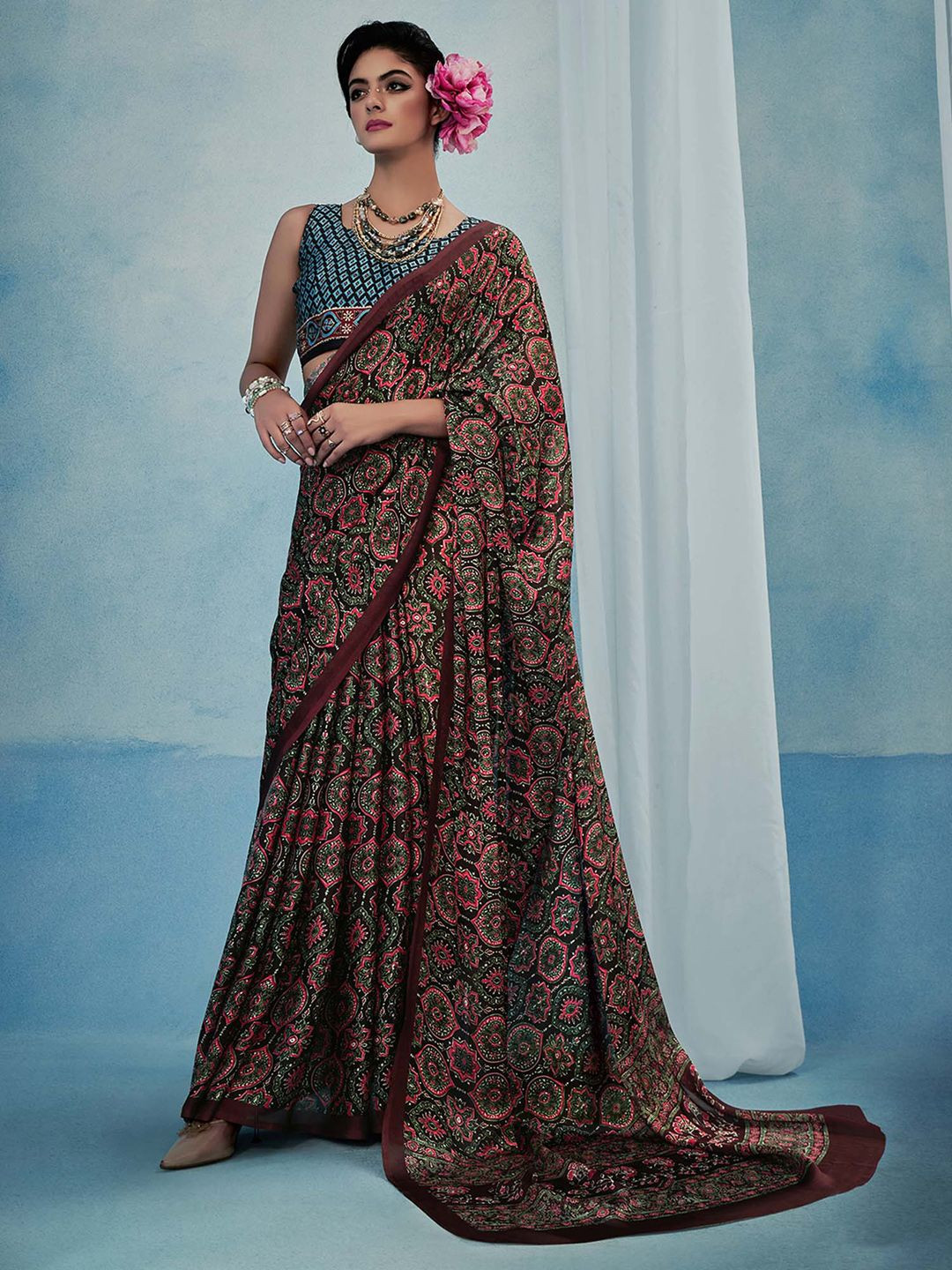 KALINI modal Ajrak Block Satin Block Print SareeWith Blouse Piece