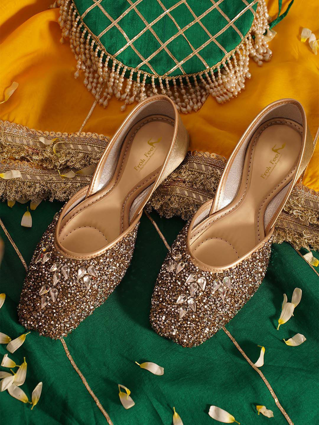 Froh Feet Women Gold Embellished Round Toe Ethnic Mojaris