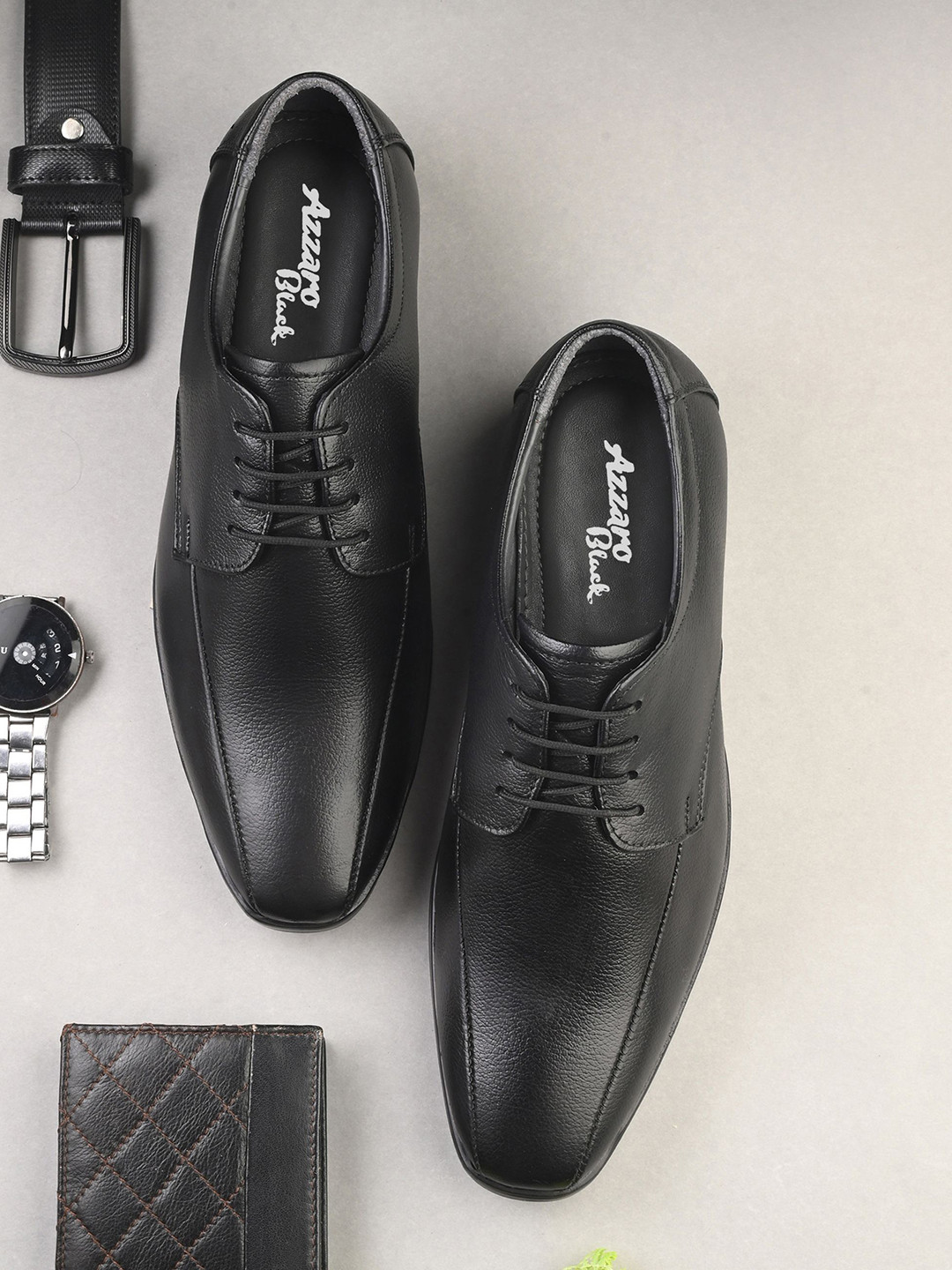 Azzaro Black Men Genuine Leather Formal Derby Shoes