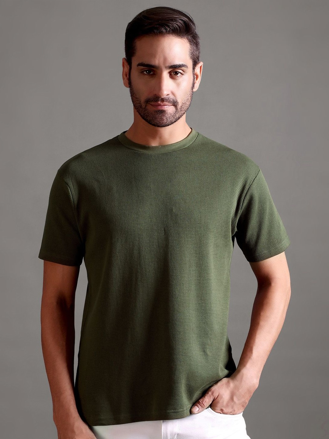 String Scape Men Waffle Textured Crew NeckCombed Cotton T-Shirt