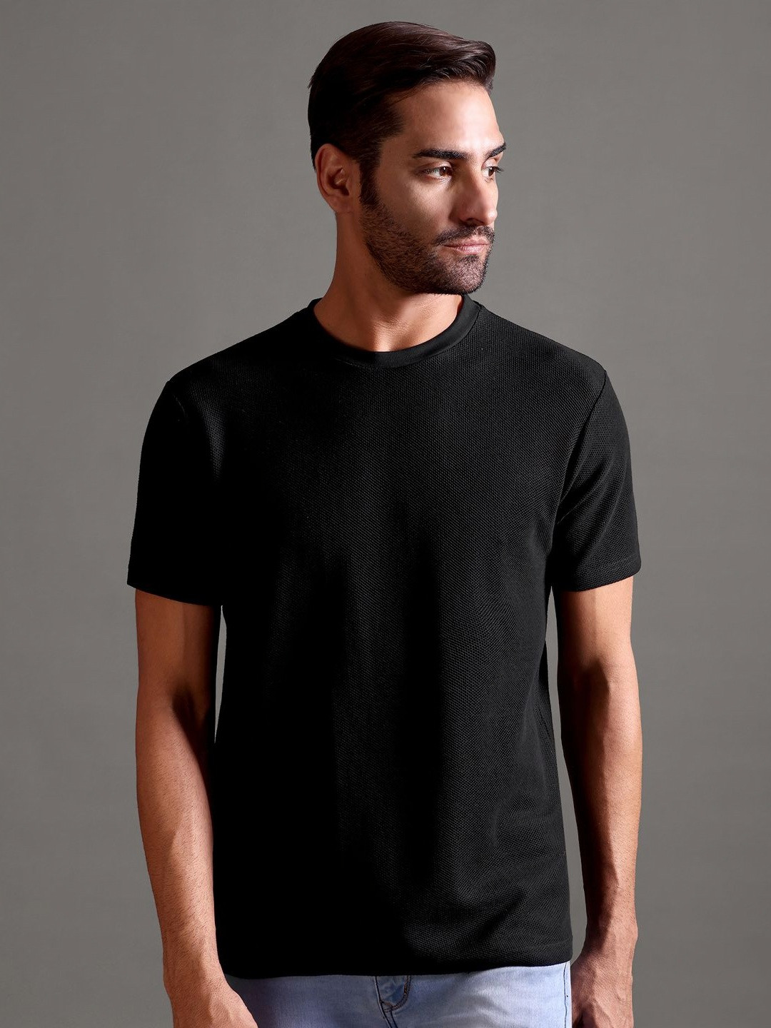 String Scape Men Honeycomb Waffle Textured Crew NeckCombed Cotton T-Shirt