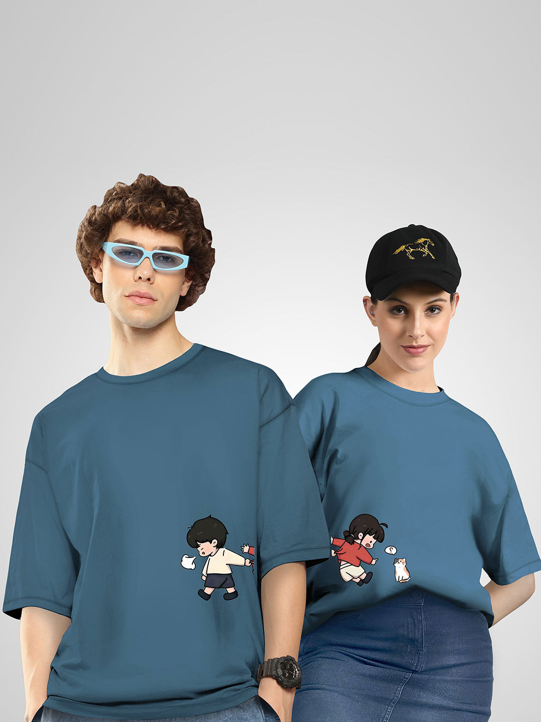 BAESD Unisex Twistform Twinny Zone Pack Of 2 BGGrab Printed Cotton Oversized T-shirts