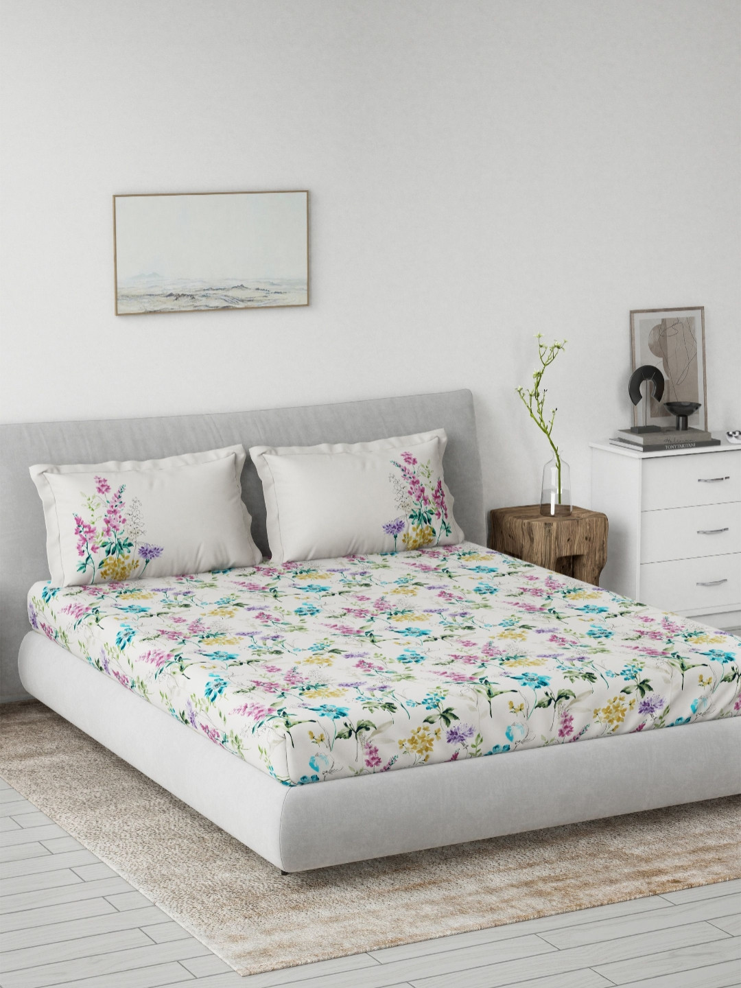 DDecor Primary Collection Purple Floral Cotton 145 TC Queen Bedsheet with 2 Pillow Covers-90 x 108 inches