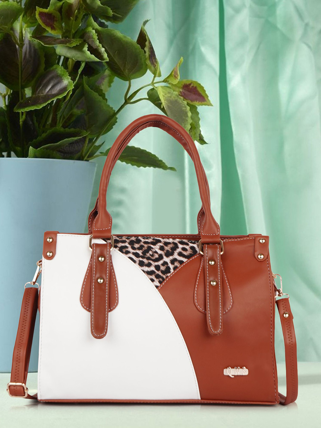 QNS Women Colourblocked Animal Print Leather Shoulder Bag