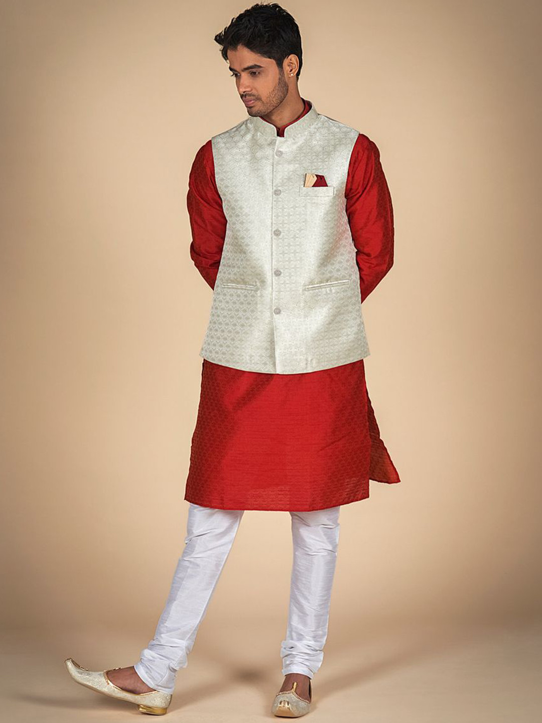 Dulha Ghar Woven Design Mandarin Collar Straight  Pure Silk Kurta & Churidar With Jacket