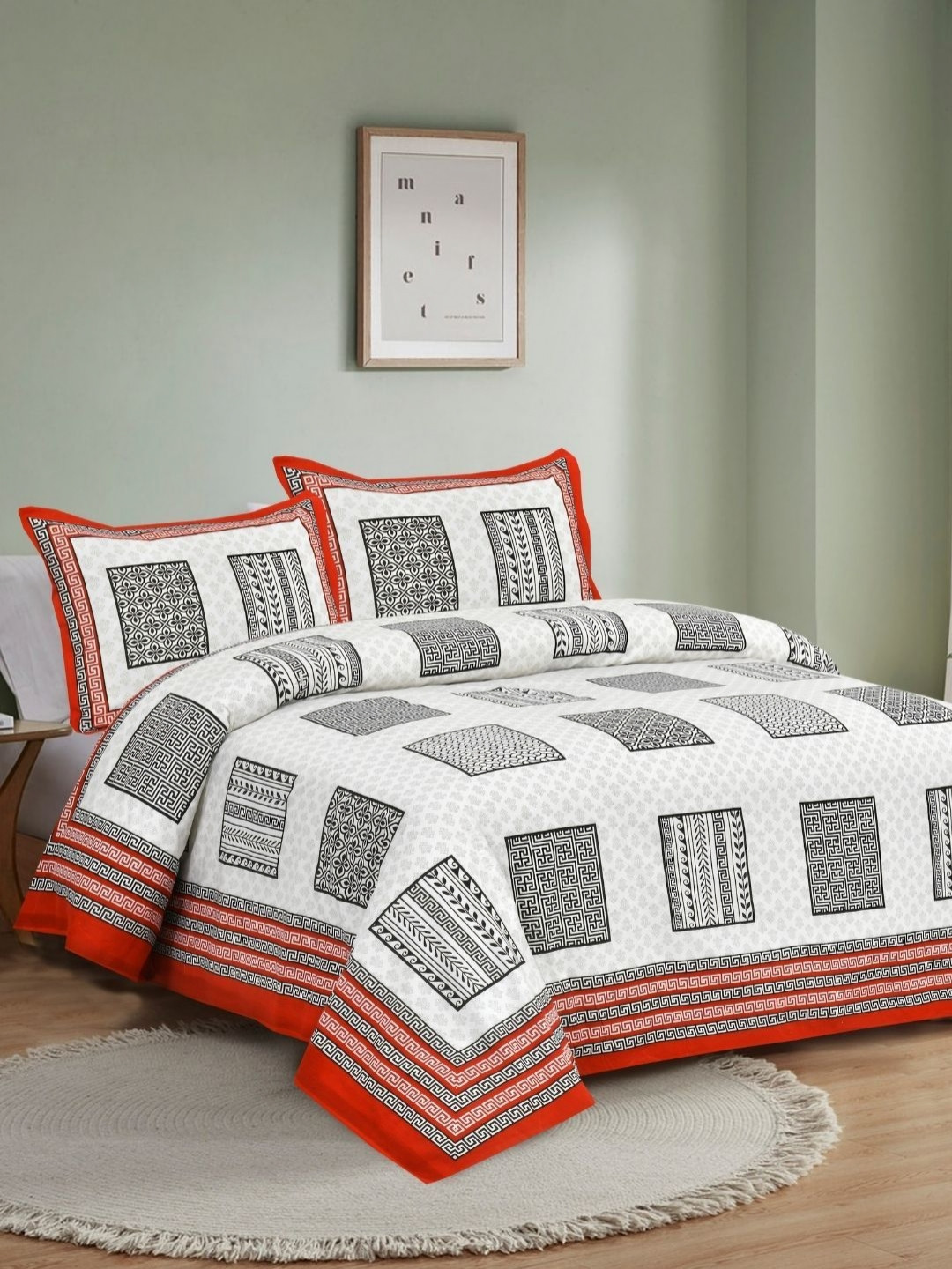 JAIPUR FABRIC X_3Ed32427E2184D2Dab Red Ethnic Motifs Cotton 240 TC King Superfine Bedsheet with 2 Pillow Covers-100 x 108 inches