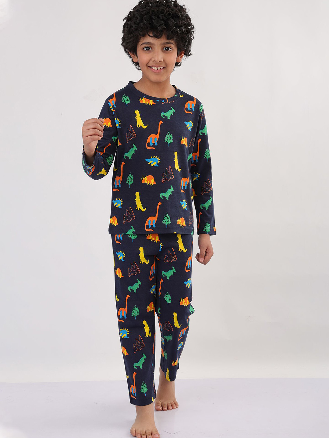 Anthrilo Summer Dinosaur Fun Boys Pure Cotton Printed Navy Long Sleeves Pyjama Night suit