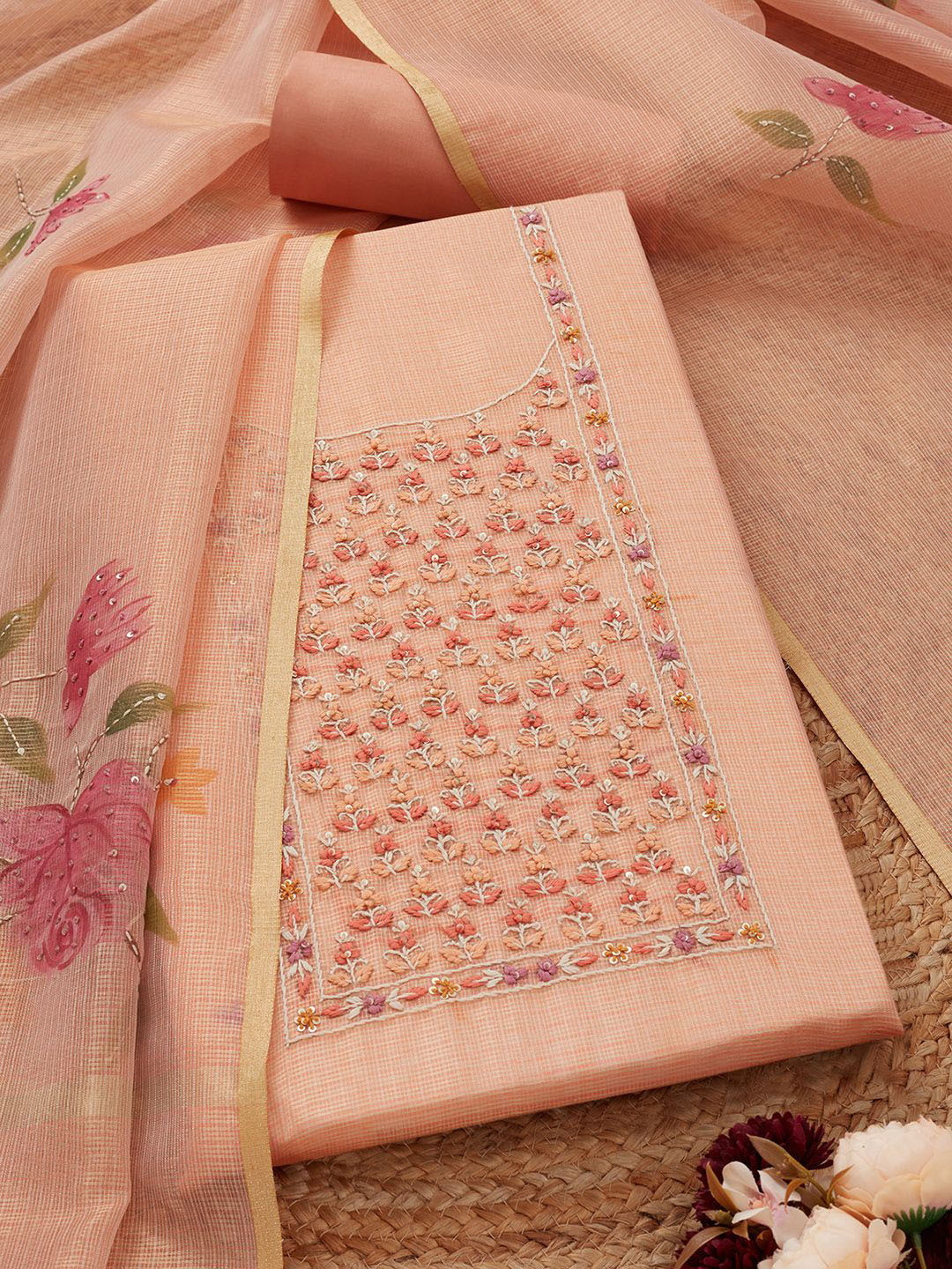 Soch Floral Embroidered Sequinned Kota Shimmer Unstitched Dress Material