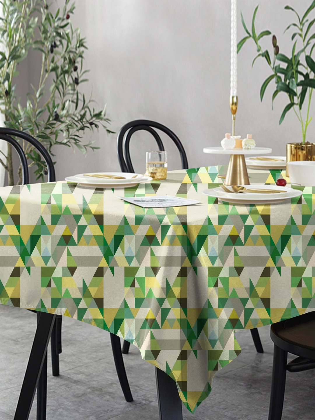 CASABLEU Premium Ruga Green Geometric Printed Rectangle 6-Seater Table Covers