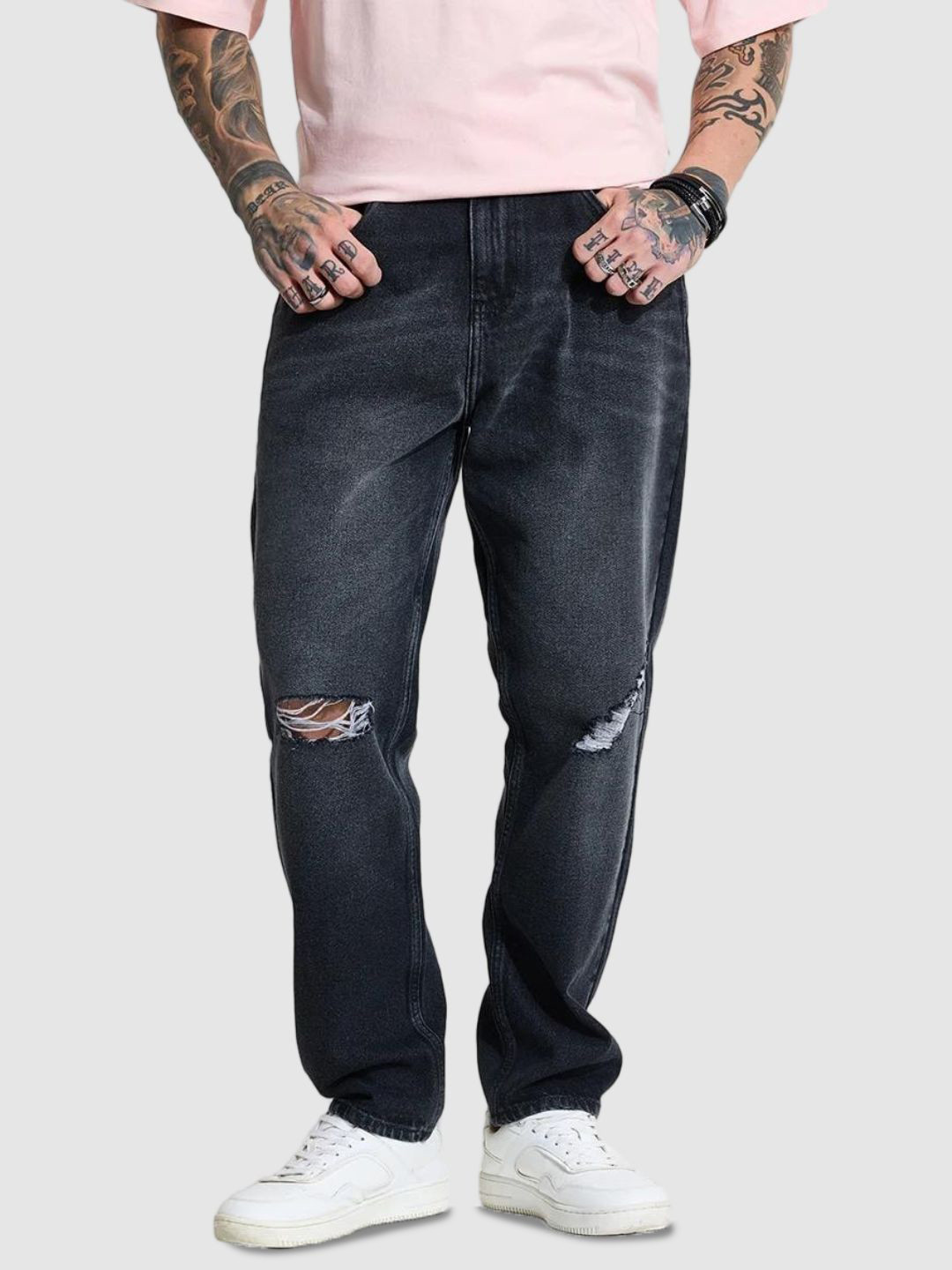 Snitch Men Charcoal Grey Distressed Baggy Fit Jeans