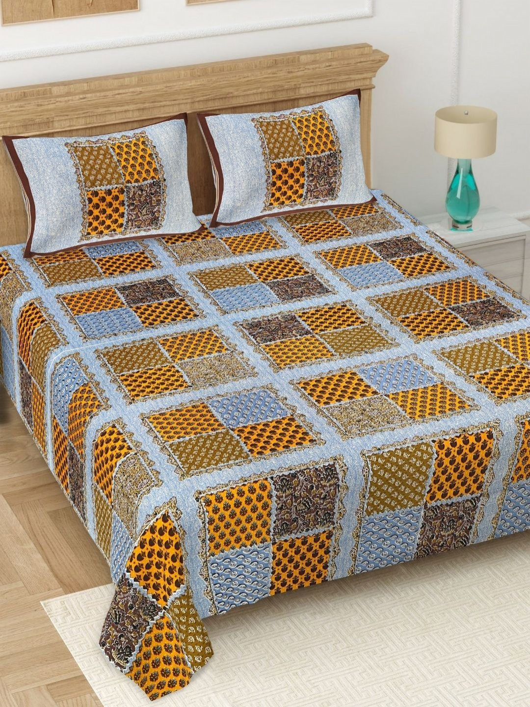 JAIPUR FABRIC Barmeri Blue Geometric Cotton 180 TC King Fine Bedsheet with 2 Pillow Covers-90 x 108 inches