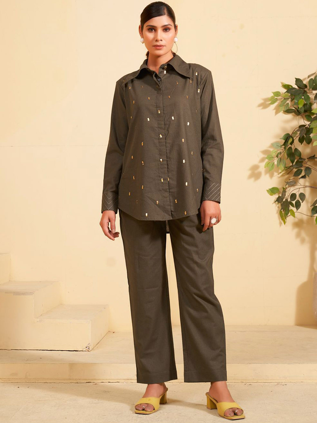 Komarri U  Sequin Embellished Long Sleeves Pure Cotton Shirt & Trouser