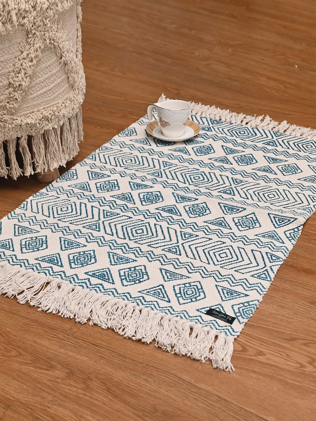 INDIAN HOME FAB White & Blue Geometric Printed Cotton Floor Mat