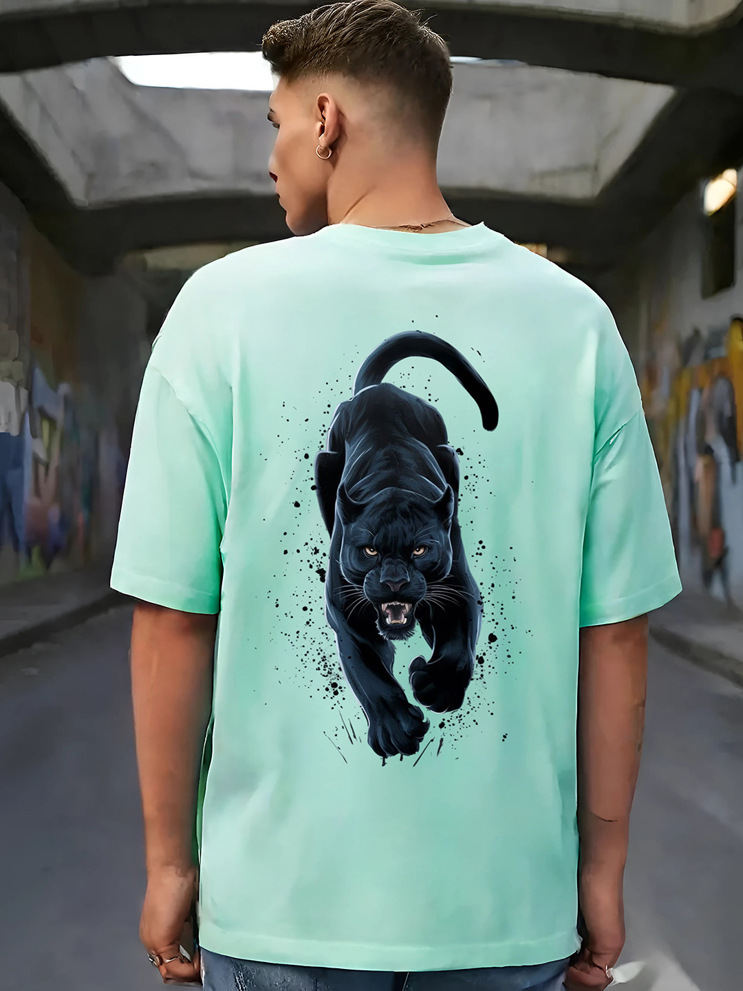 Elibolz Men Black Panther Bio Finish Animal Printed Round Neck Cotton Oversized T-shirt