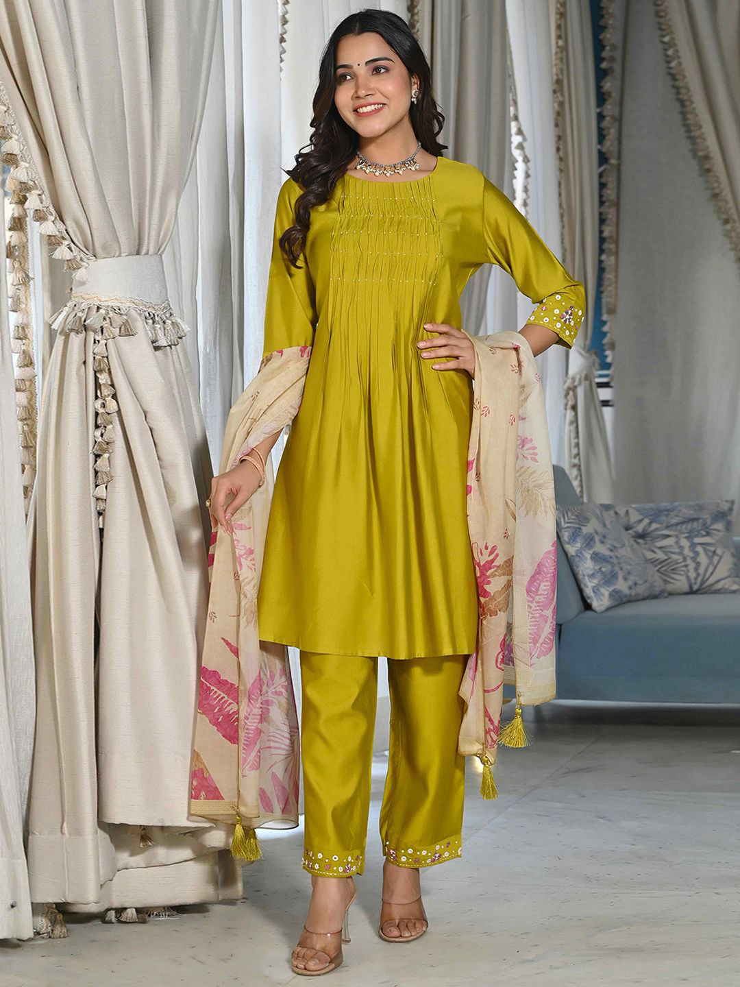 Peachmode Chevron Self Design Beads And Stones A-line Kurta With Trousers & Dupatta