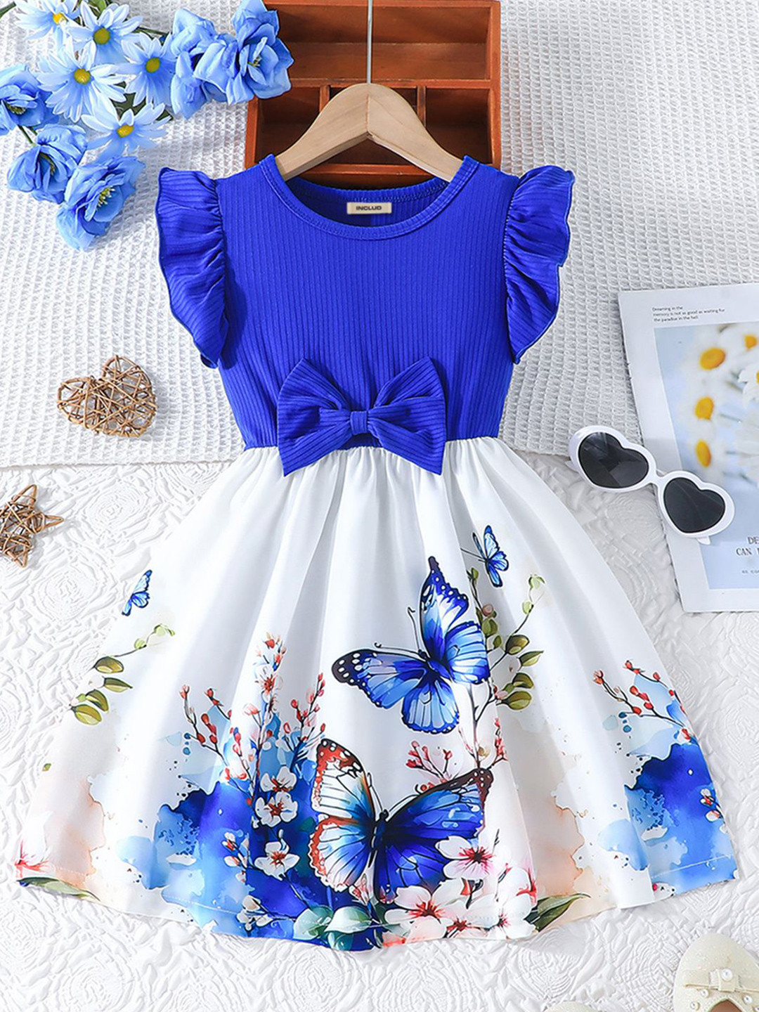 INCLUD Tropical Print Flared Sleeve Fit & Flare Dress