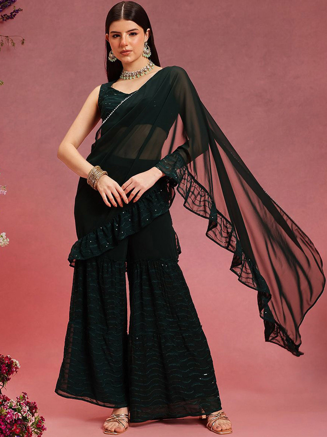 indo street Sequinned Embellished Pre Drapped Saree With Stitched Blouse
