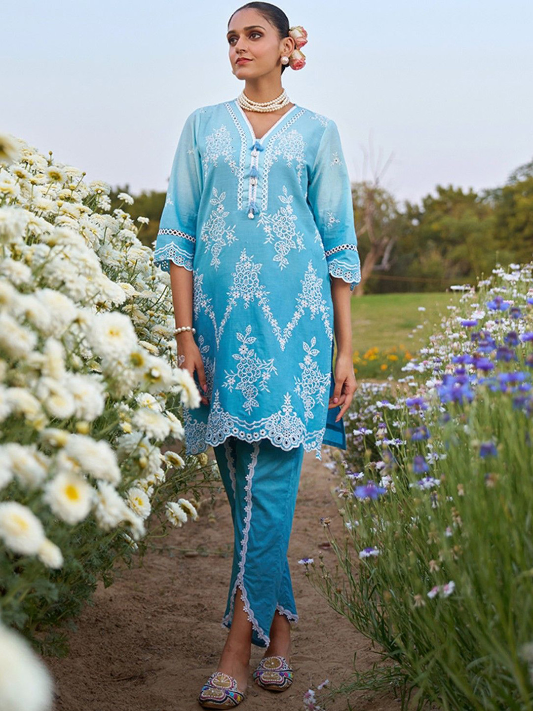AUTUMN LANE Anumeha Floral Embroidered V-Neck Pure Cotton Kurta With Palazzo