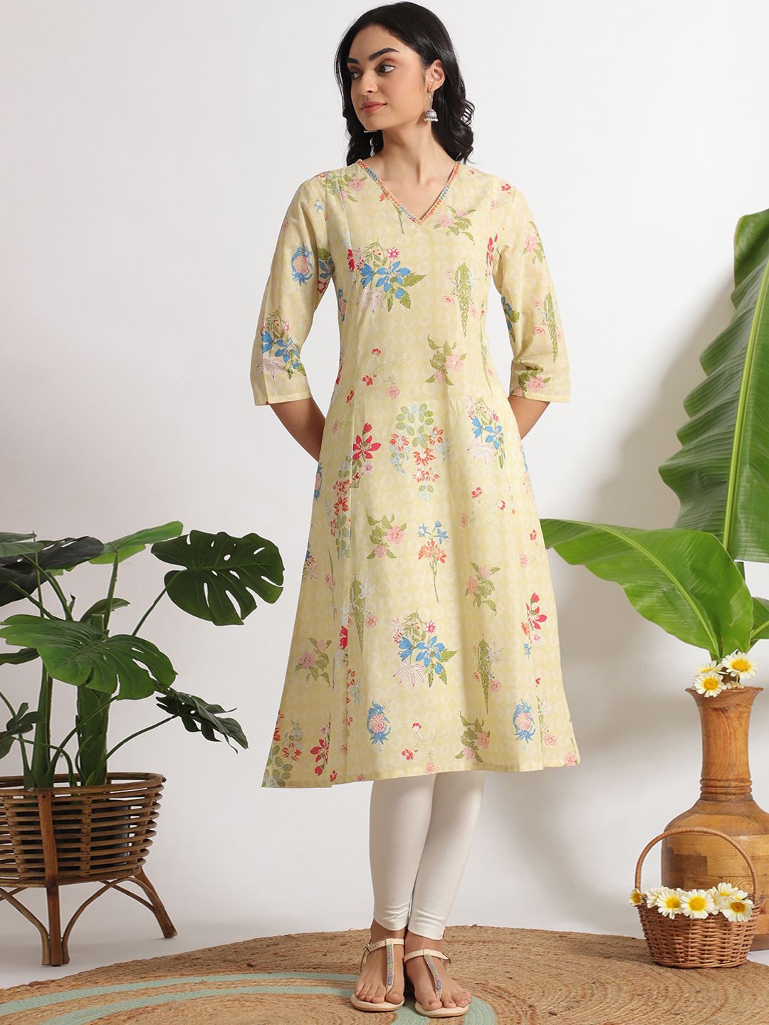 W Woman Yellow Floral Printed A-line Pure Cotton Kurta & Leggings Set