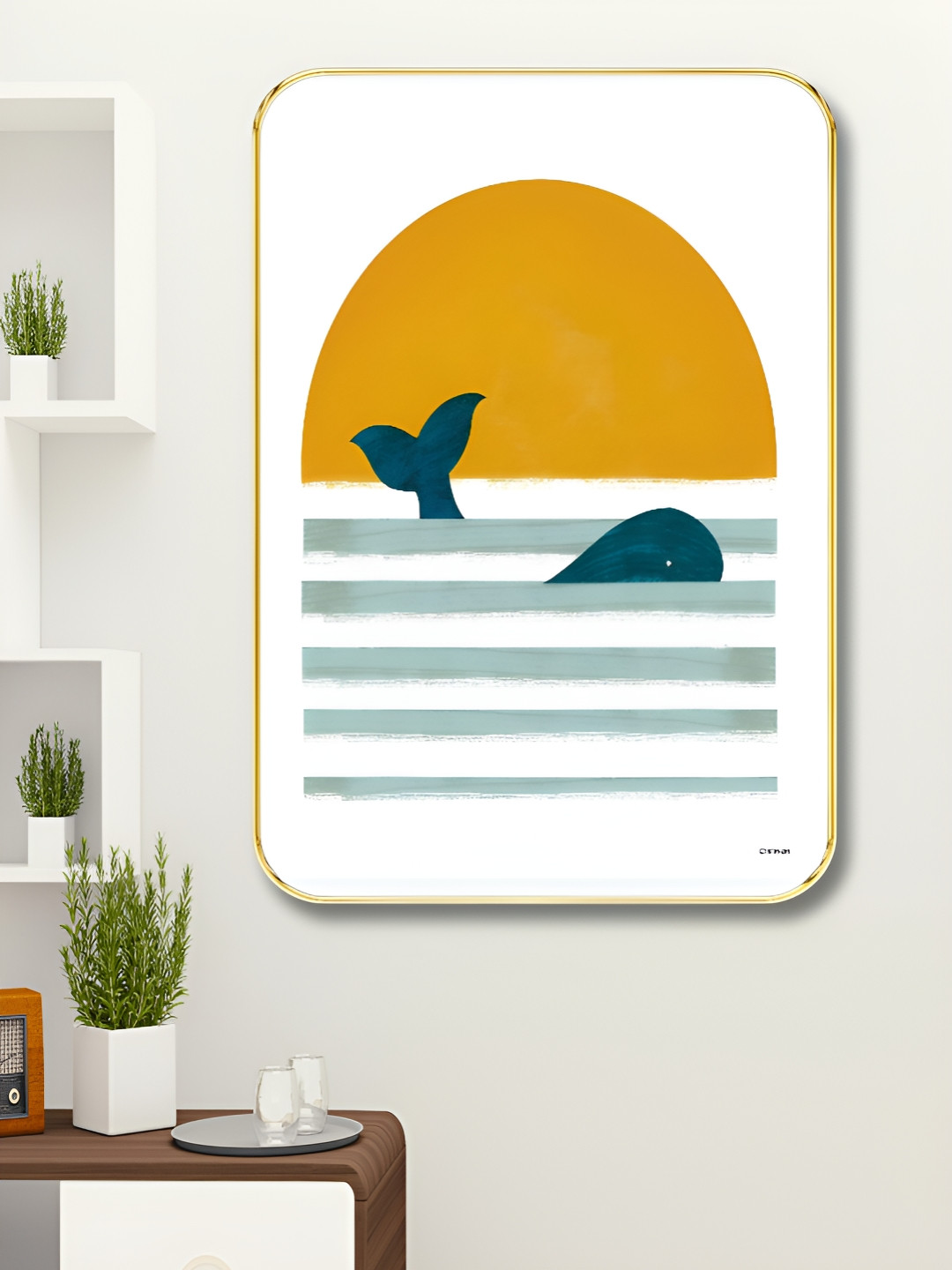 Myntra Elegant Homes White & Yellow Sun And Dolphine Printed Wooden Wall Art