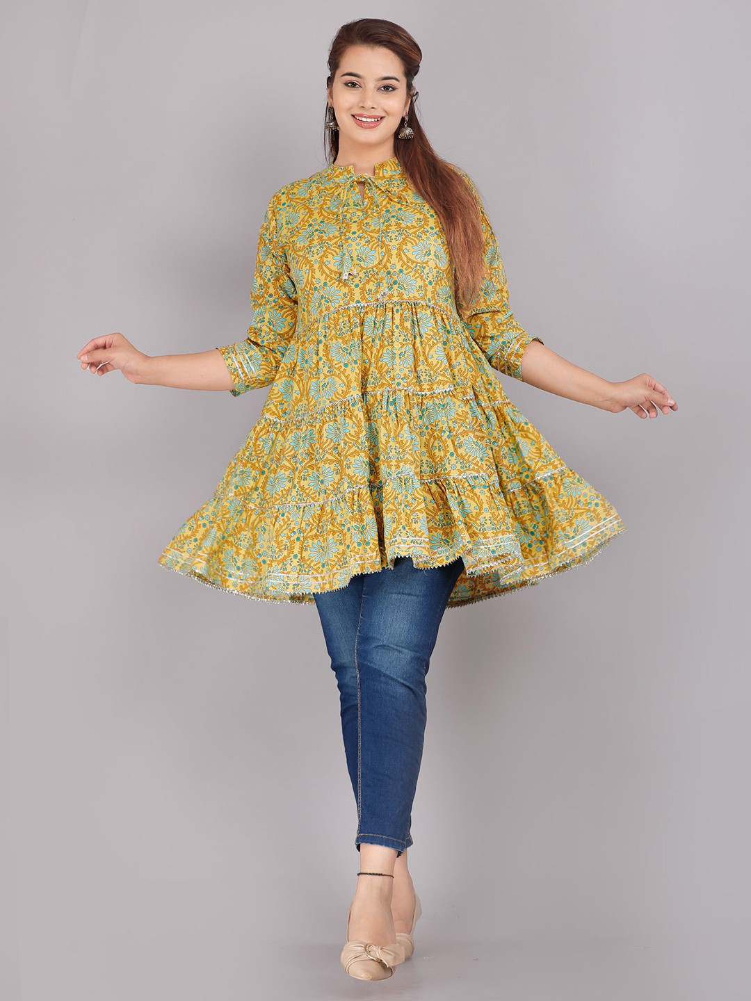 OH MI DIOS Women Mandarin Collar Floral Printed Layered Tunic