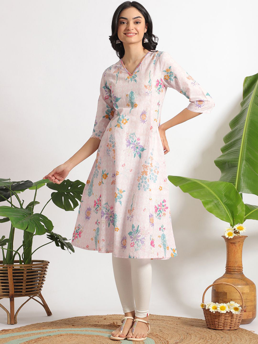 W Woman Light Pink Floral Printed A-line Pure Cotton Kurta & Leggings Set