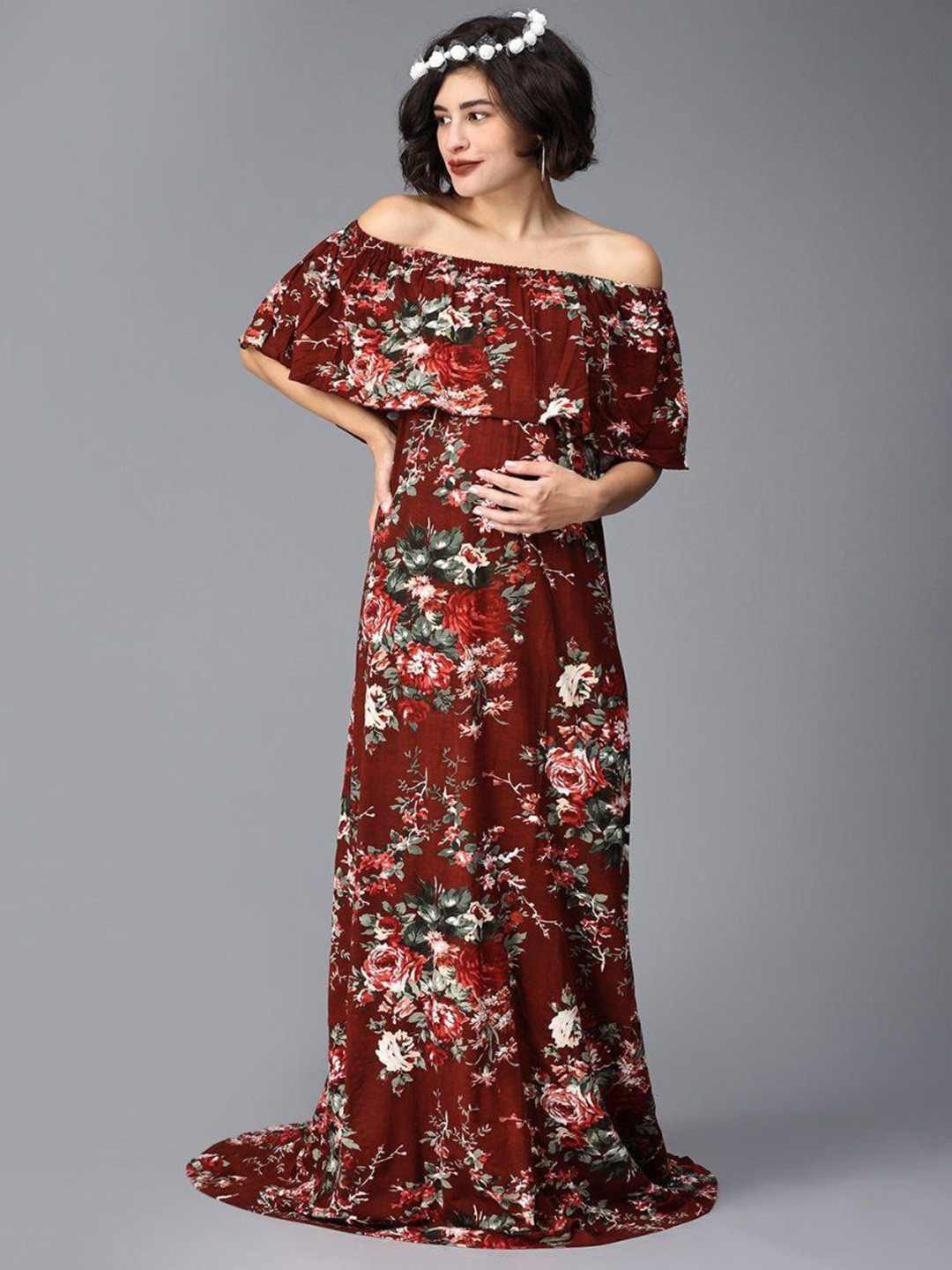 The Mom Store Floral Printed Off-Shoulder Maternity Maxi Dress