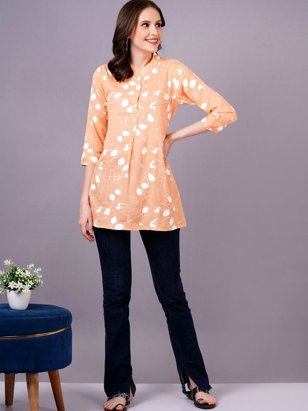 OH MI DIOS Floral Print Mandarin Collar Shirt Style Top