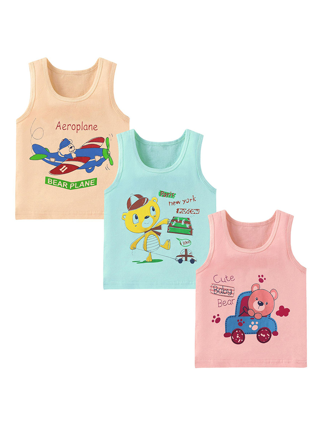 PARYAG Infants Boys Pack Of 3 Printed Cotton Innerwear Vests