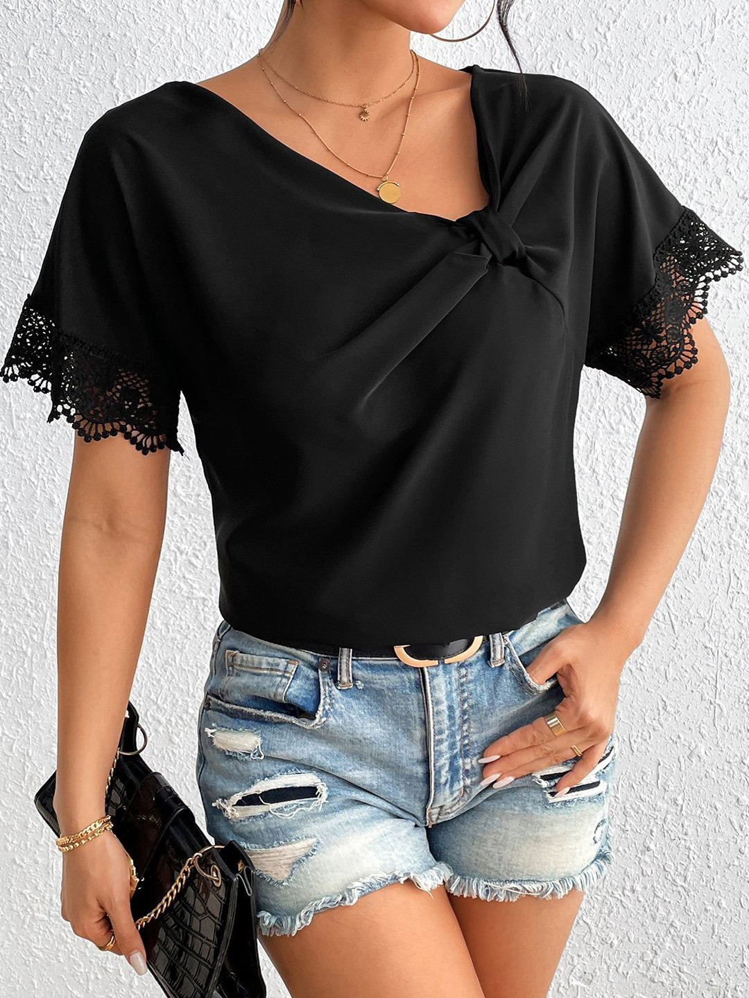 Outzidr Women V-Neck Top with Lace Sleeves