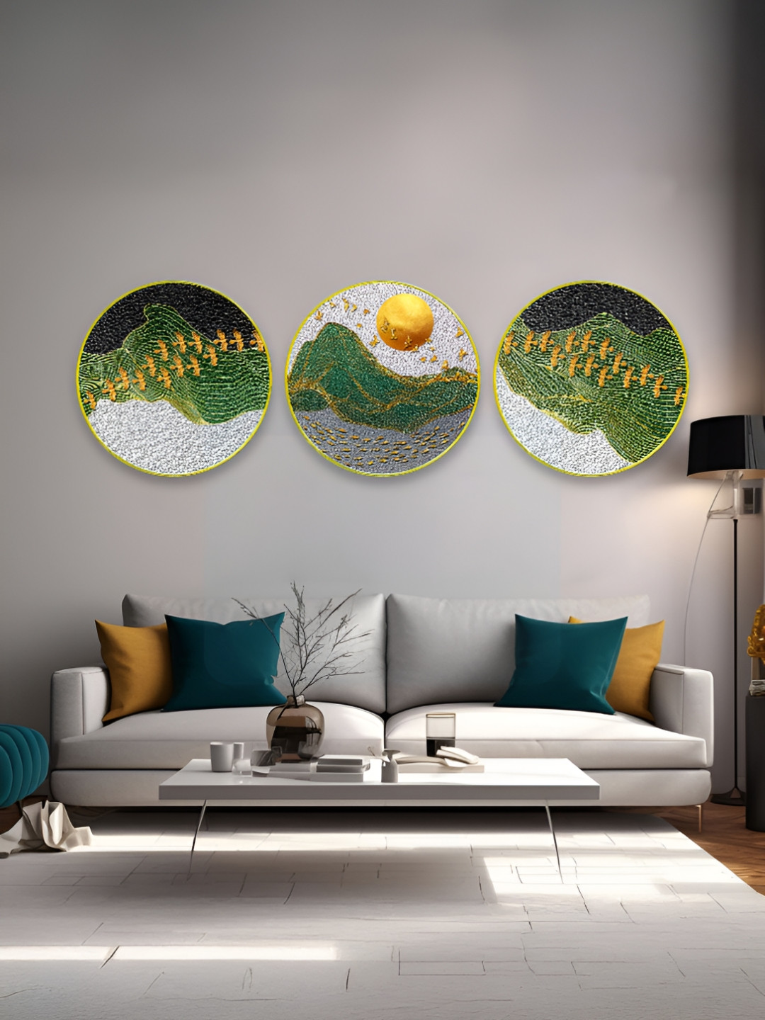 The Castle Decor Birds Sparkle Wood 3 Piece Wall Round Paintings Wall Art - 24 x 24In