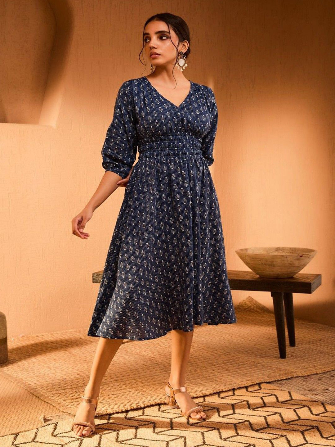 Krunal Raiyani Women Floral Printed V Neck Puff Sleeves Smocked Fit And Flare Midi Dresses