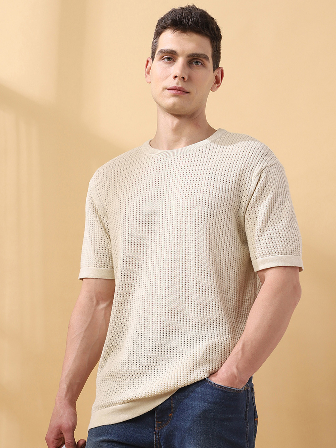Dennis Lingo Men's Self Design Round Neck Half Sleeves T-shirt