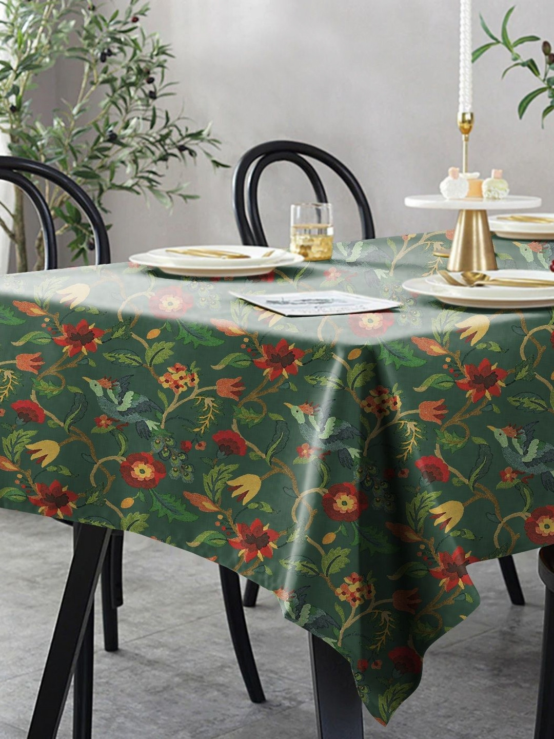CASABLEU Premium Cabal Green Floral Printed Rectangle 6-Seater Table Covers