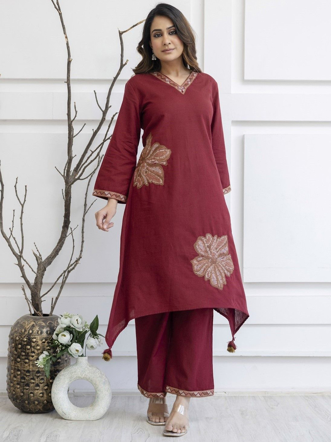 AUTUMN LANE Samiha jam Floral Embroidered V-Neck Pure Cotton Kurta With Palazzo