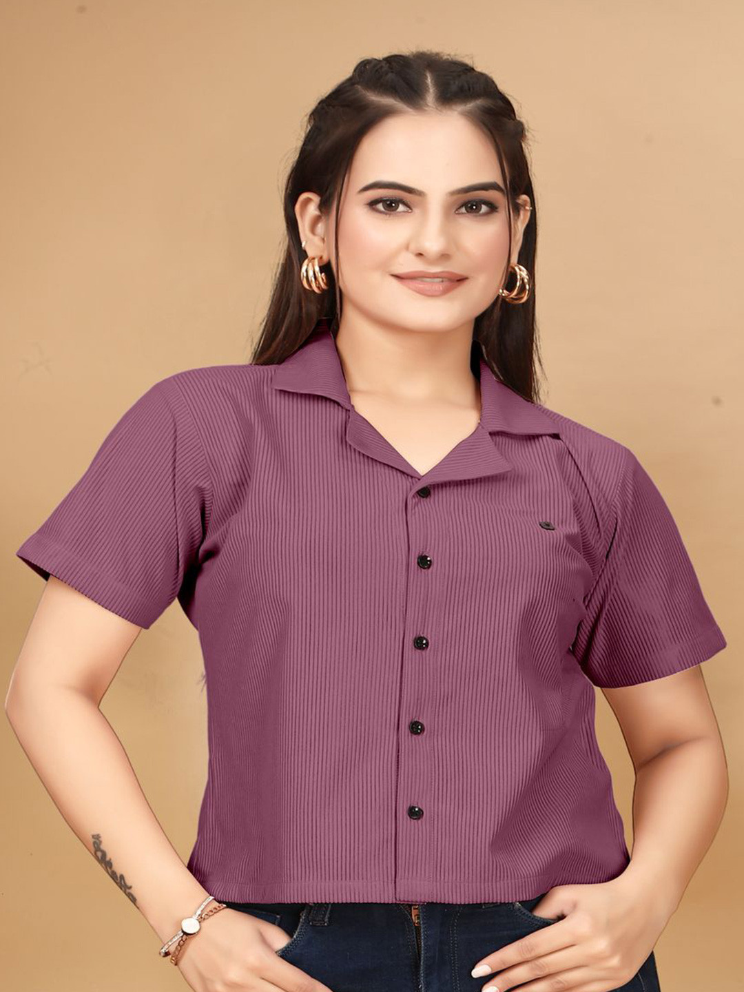 Violet Women Regular Fit Spread Collar Vertical Striped Casual Shirt