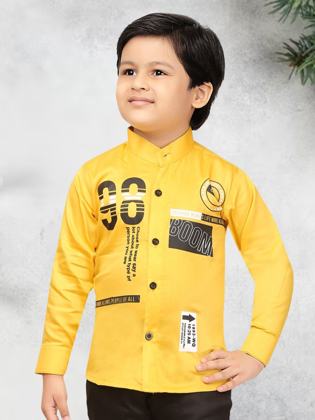 FASHION GRAB Boys Classic Regular Fit Band Collar Typography Printed Cotton Casual Shirt
