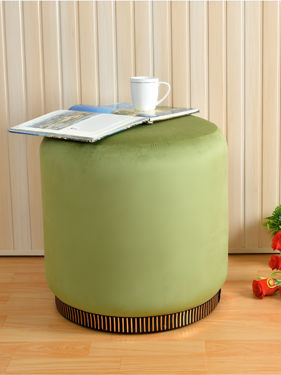 Shadowkart Green And Gold Toned Wooden Cylindrical Pouffes Ottomans