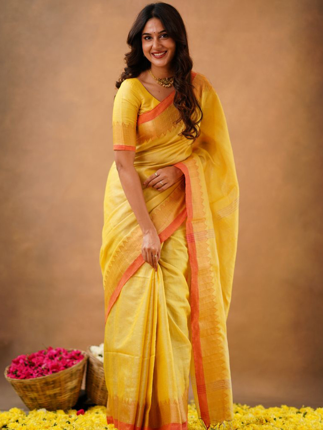 Sutisancha Yellow Tissue Elegance & Designer Triangle Drape