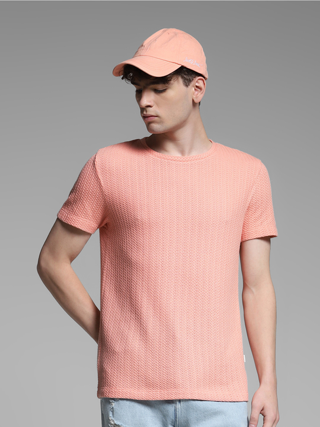 Jack & Jones Men Self Design Round Neck Cotton T-shirt