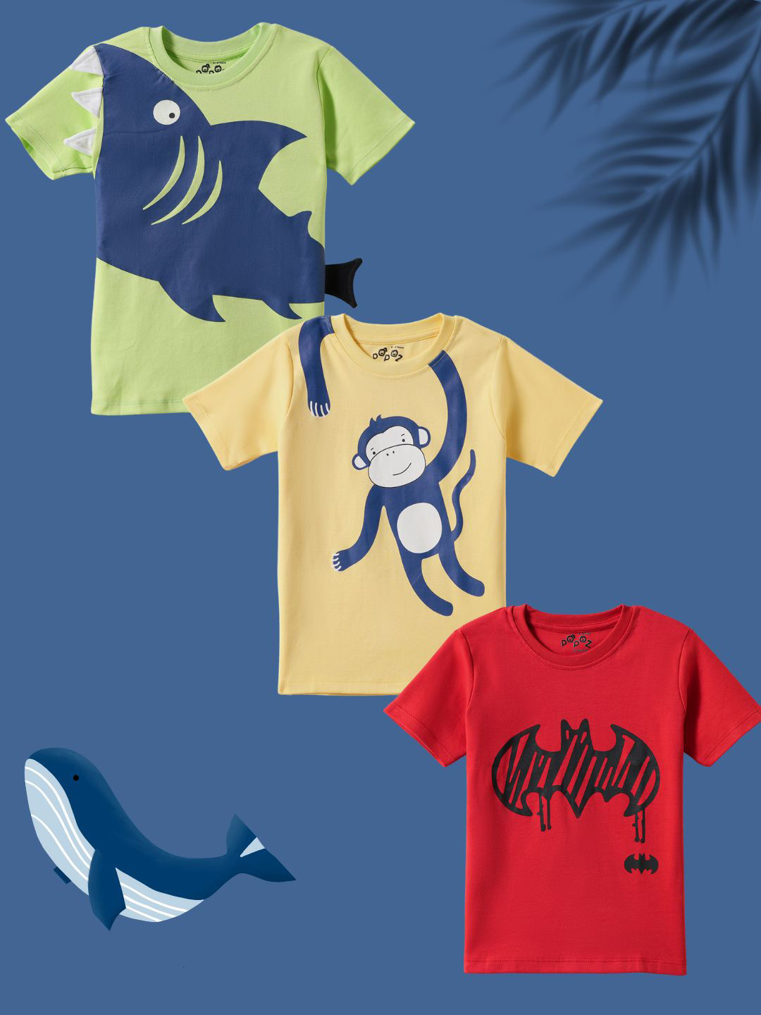 Desi Soota Kids Pack Of 3 Shark Monkey Batman Printed Round Neck Cotton T-shirts