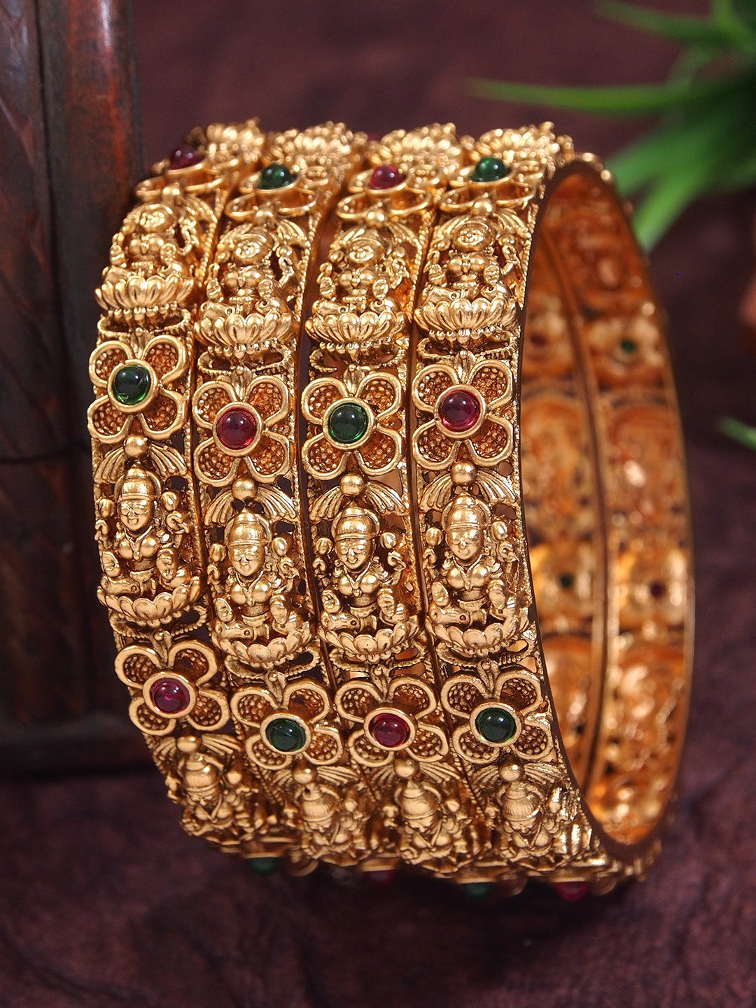 Anouk Set Of 4 Gold-Plated Artificial Stones And Beads Studded Matte Temple Bangles