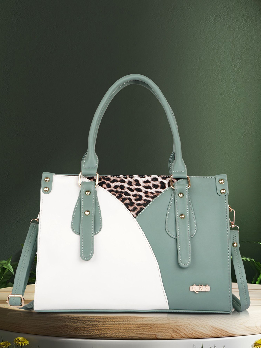 QNS Women Colourblocked Animal Print Leather Shoulder Bag