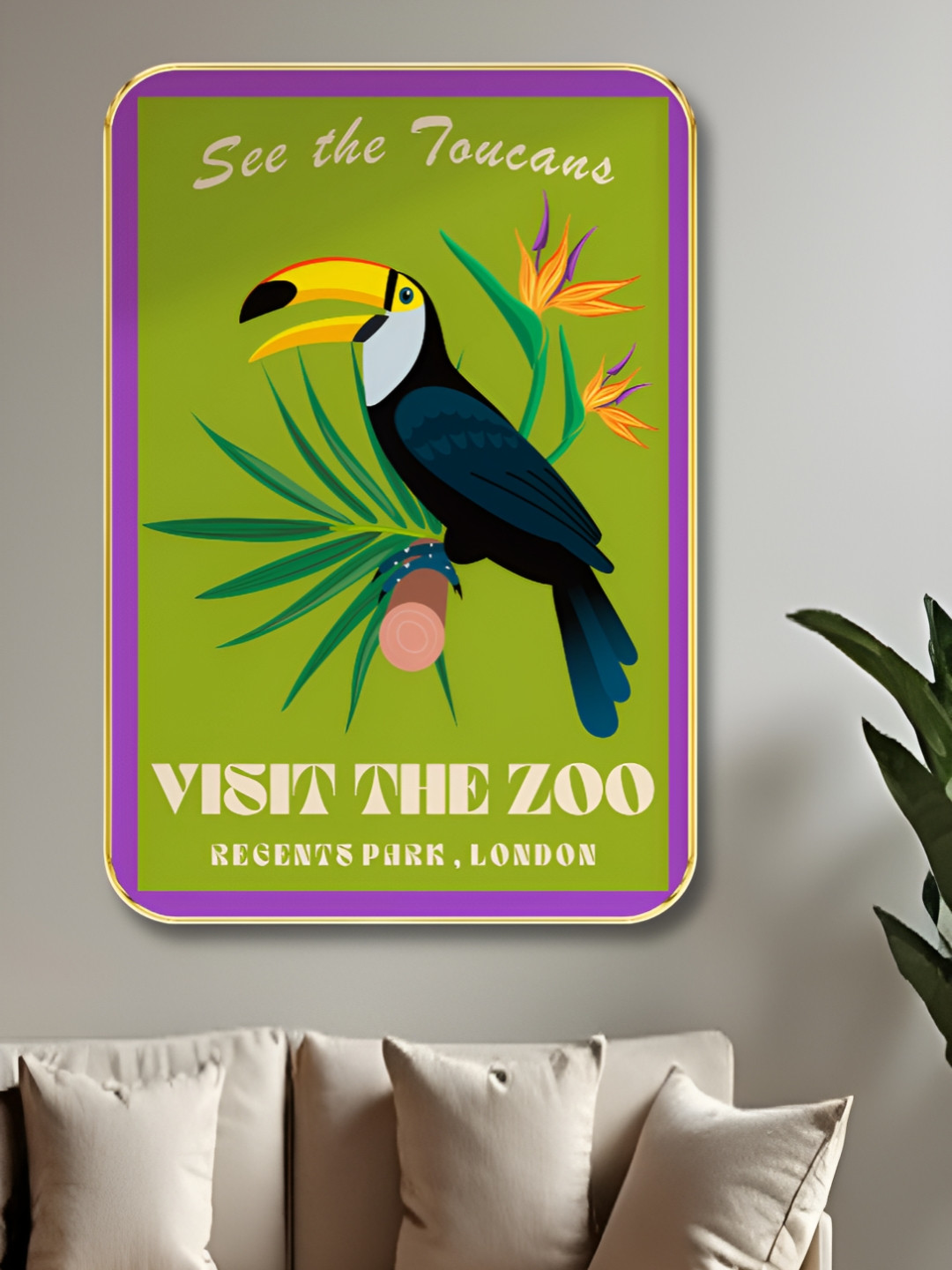 Aura Green & Black Birds and Animals Printed Wood Zoo Painting Wall Art