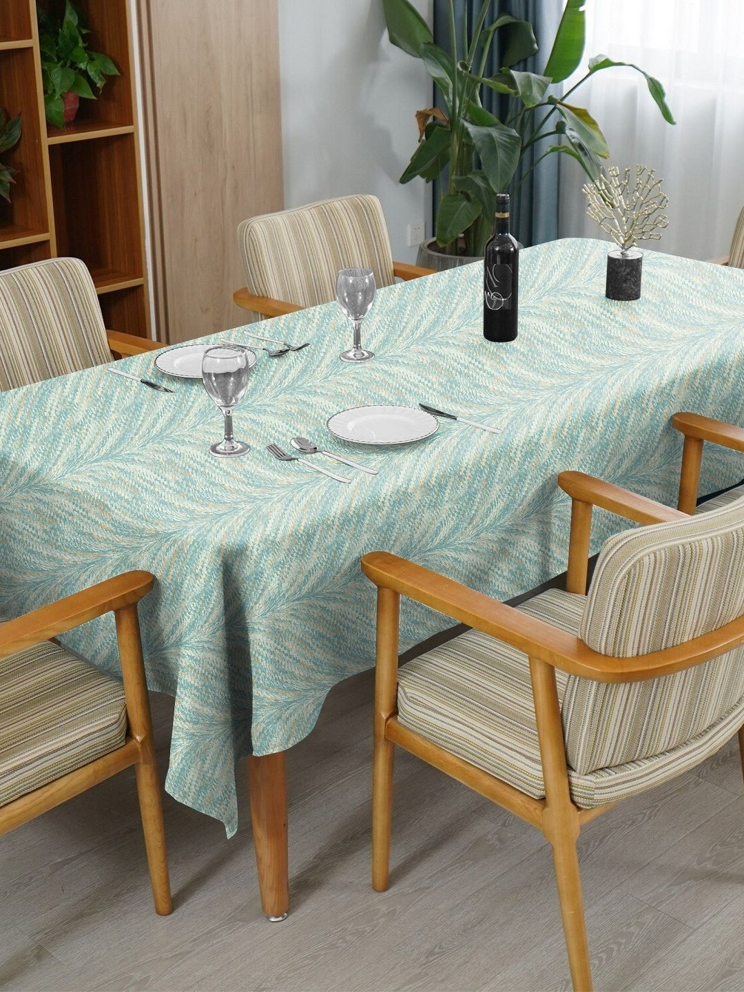 CASABLEU Premium Luxor Sea Green Floral Printed Rectangle 6-Seater Table Covers