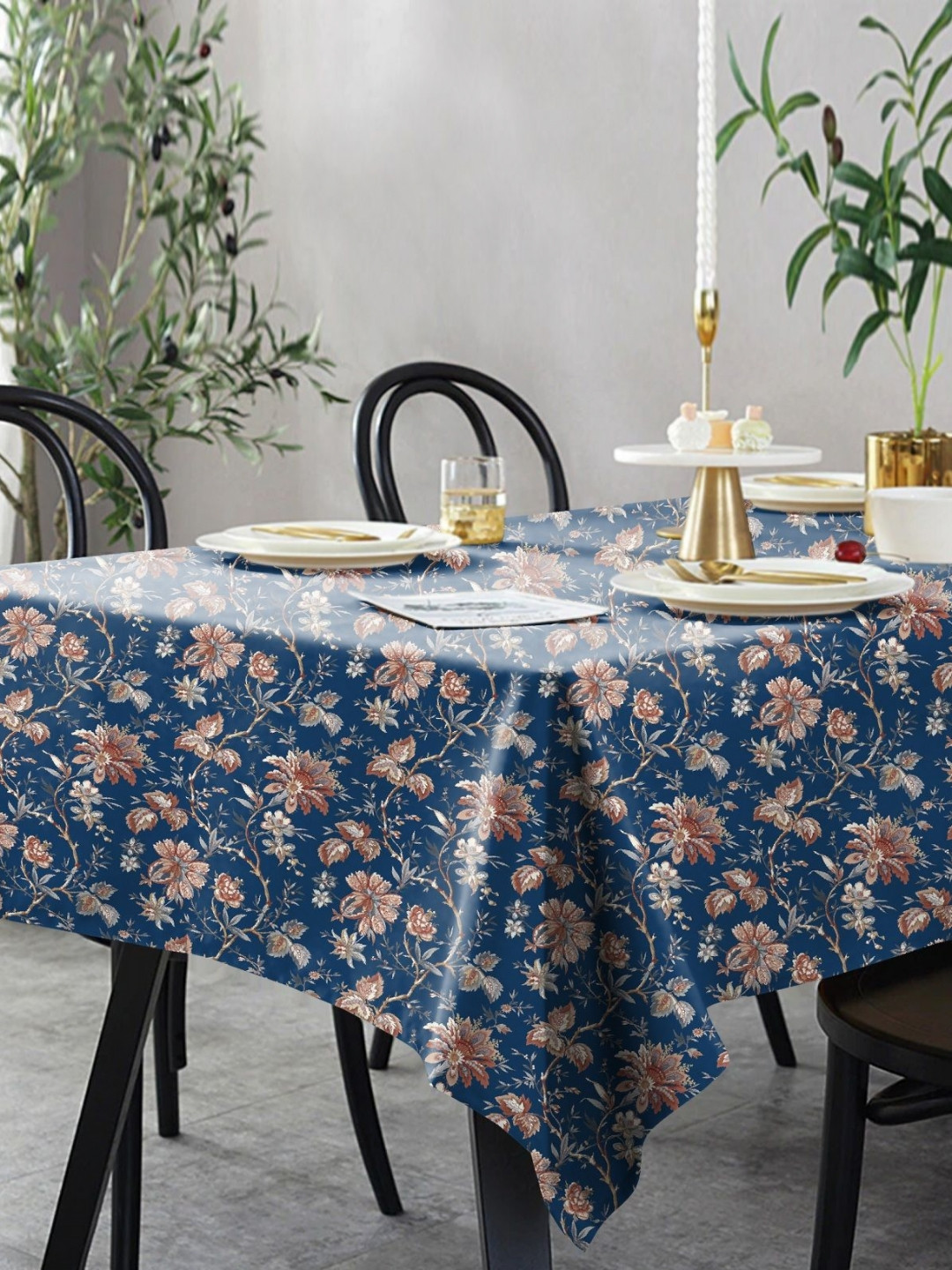 CASABLEU Blue and Pink Floral Printed Rectangle 6-Seater Table Covers