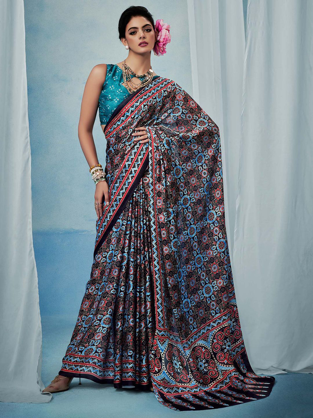 KALINI Women modal Ajrak Printed Satin Block Print SareeWith Blouse Piece