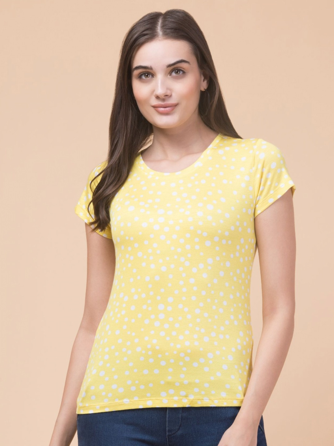 INUKA Women Yellow & White Abstract Round Neck T-shirt