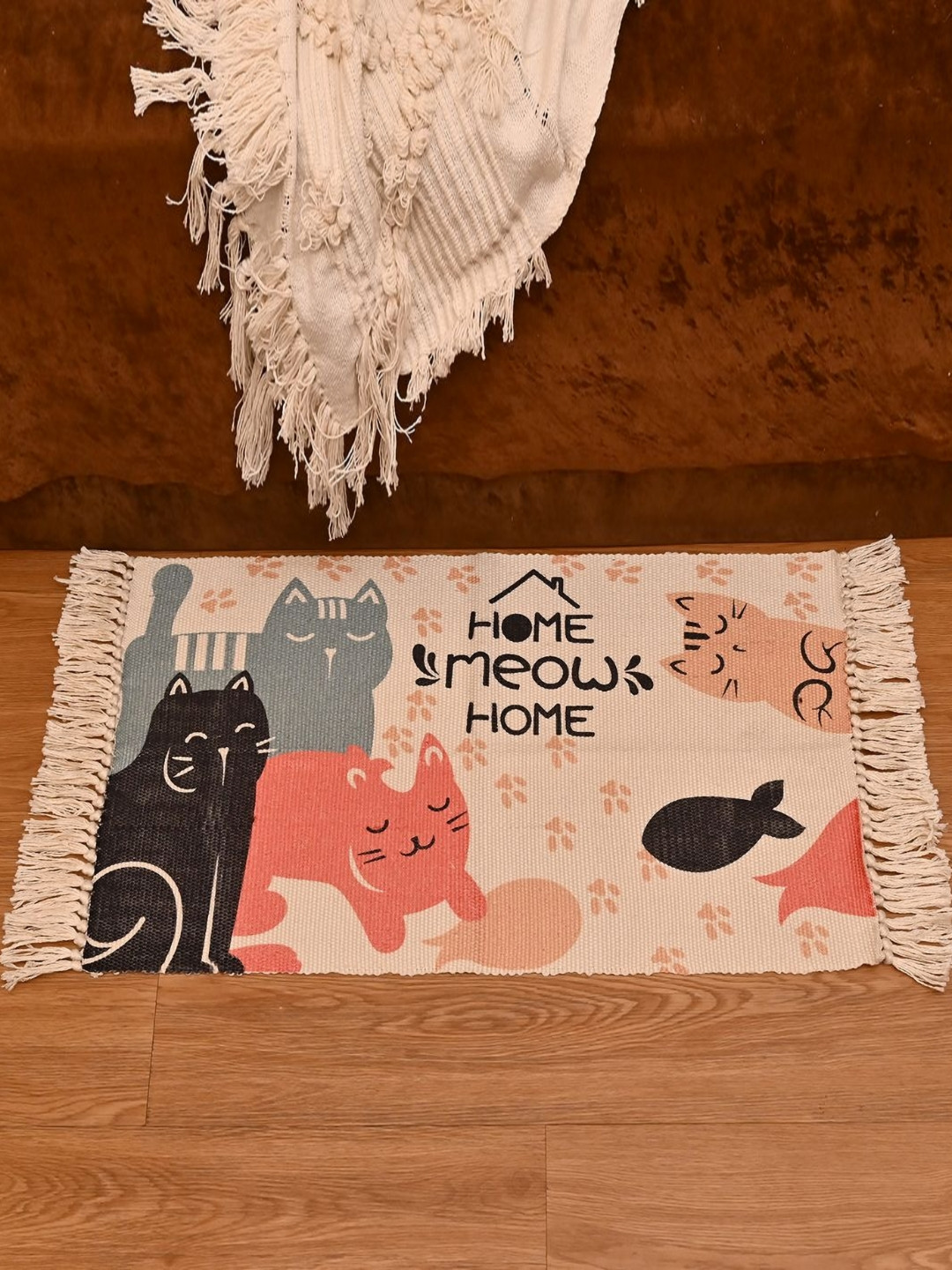 INDIAN HOME FAB White & Blue Printed Cotton Floor Mat