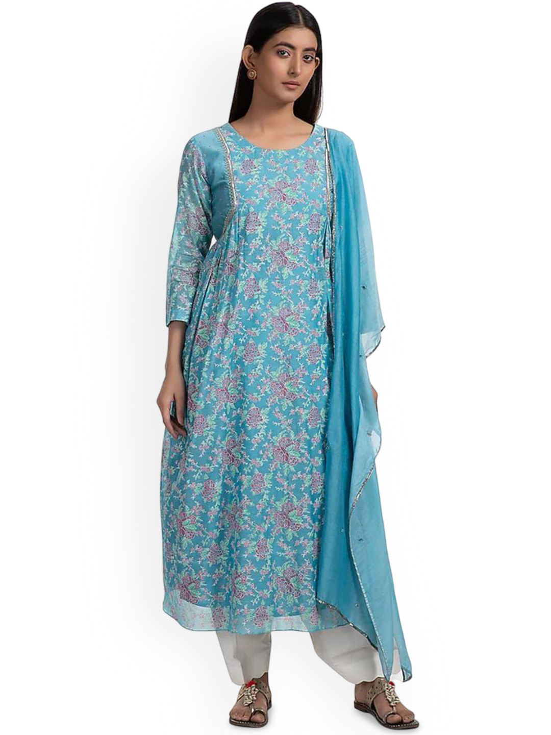 Chhaya Mehrotra Floral Printed Chanderi Cotton Straight Kurta with Salwar & Dupatta